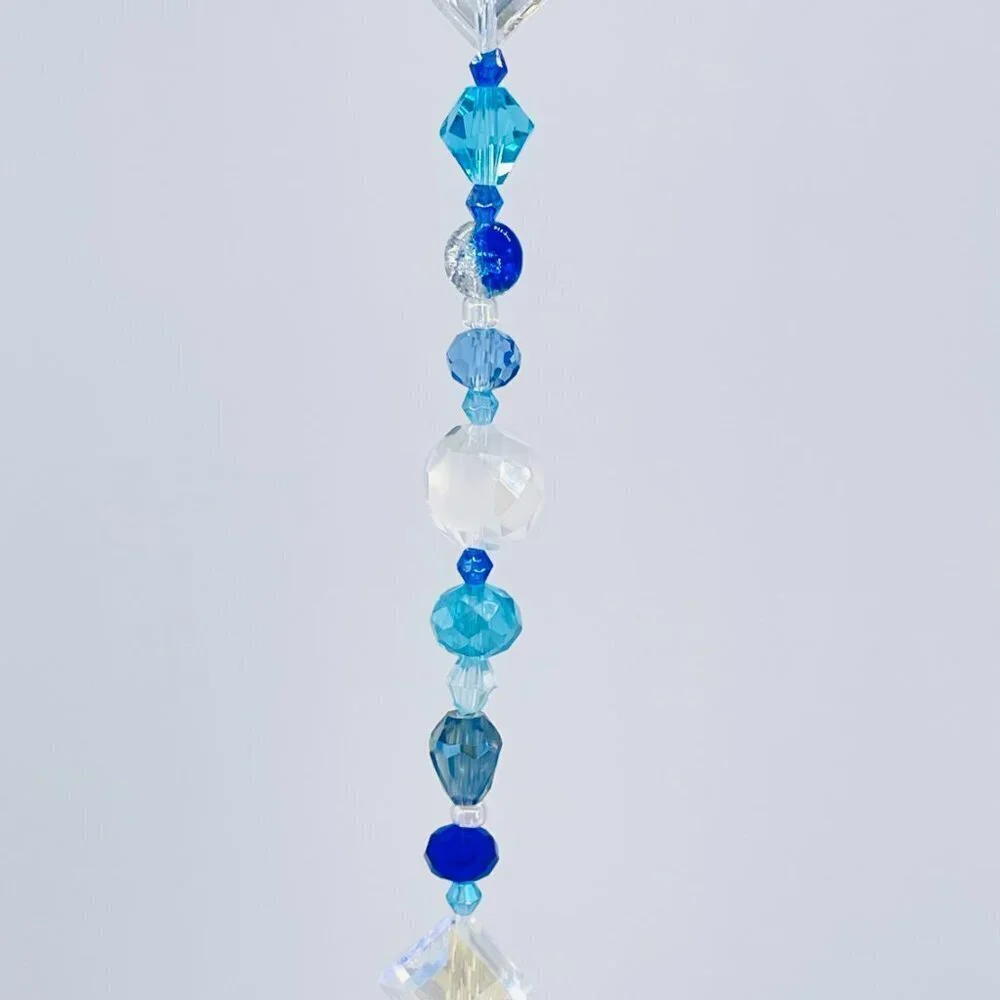 Blue Beaded Suncatcher - Clear Crystal Prism - Indoor Outdoor Hanging Decor